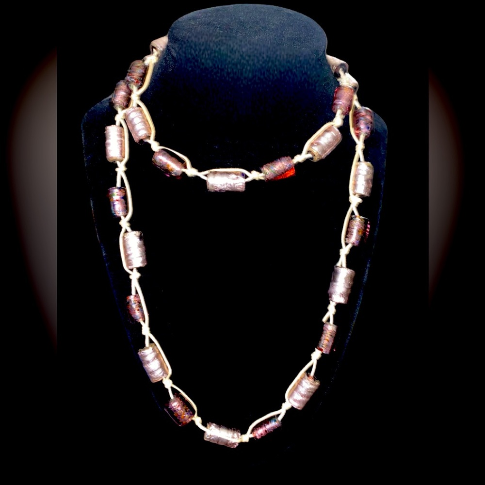 Vintage Purple Glass and Metallic Barrel beaded necklace 33” very unique